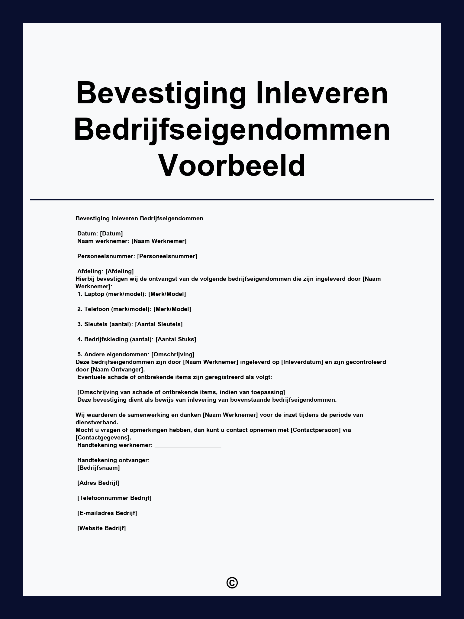 Bevestiging Inleveren Bedrijfseigendommen Voorbeeld