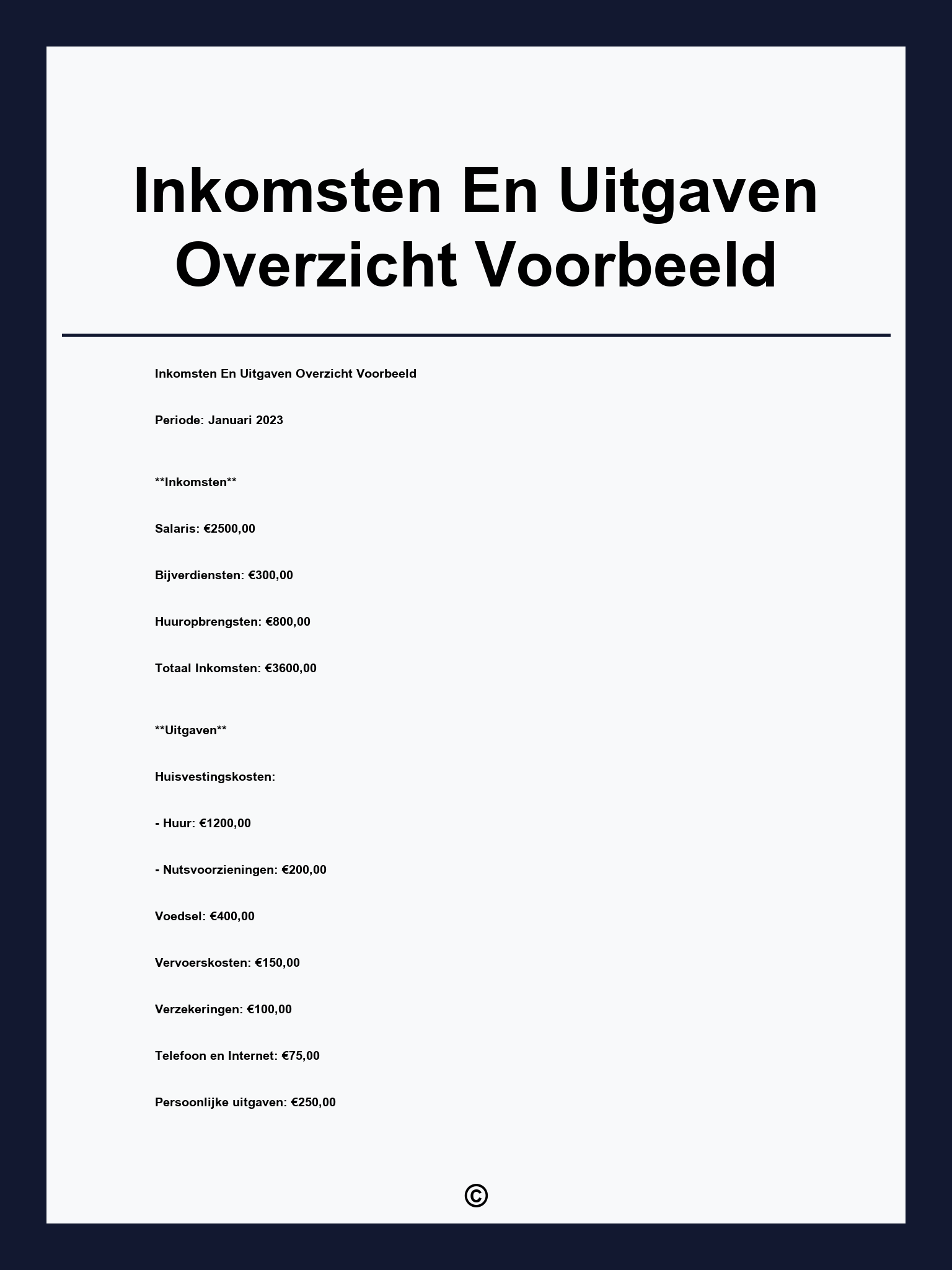 Inkomsten En Uitgaven Overzicht Voorbeeld