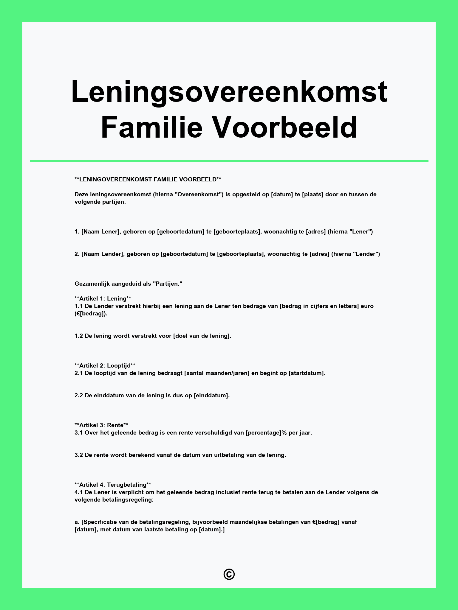 Leningsovereenkomst Familie Voorbeeld